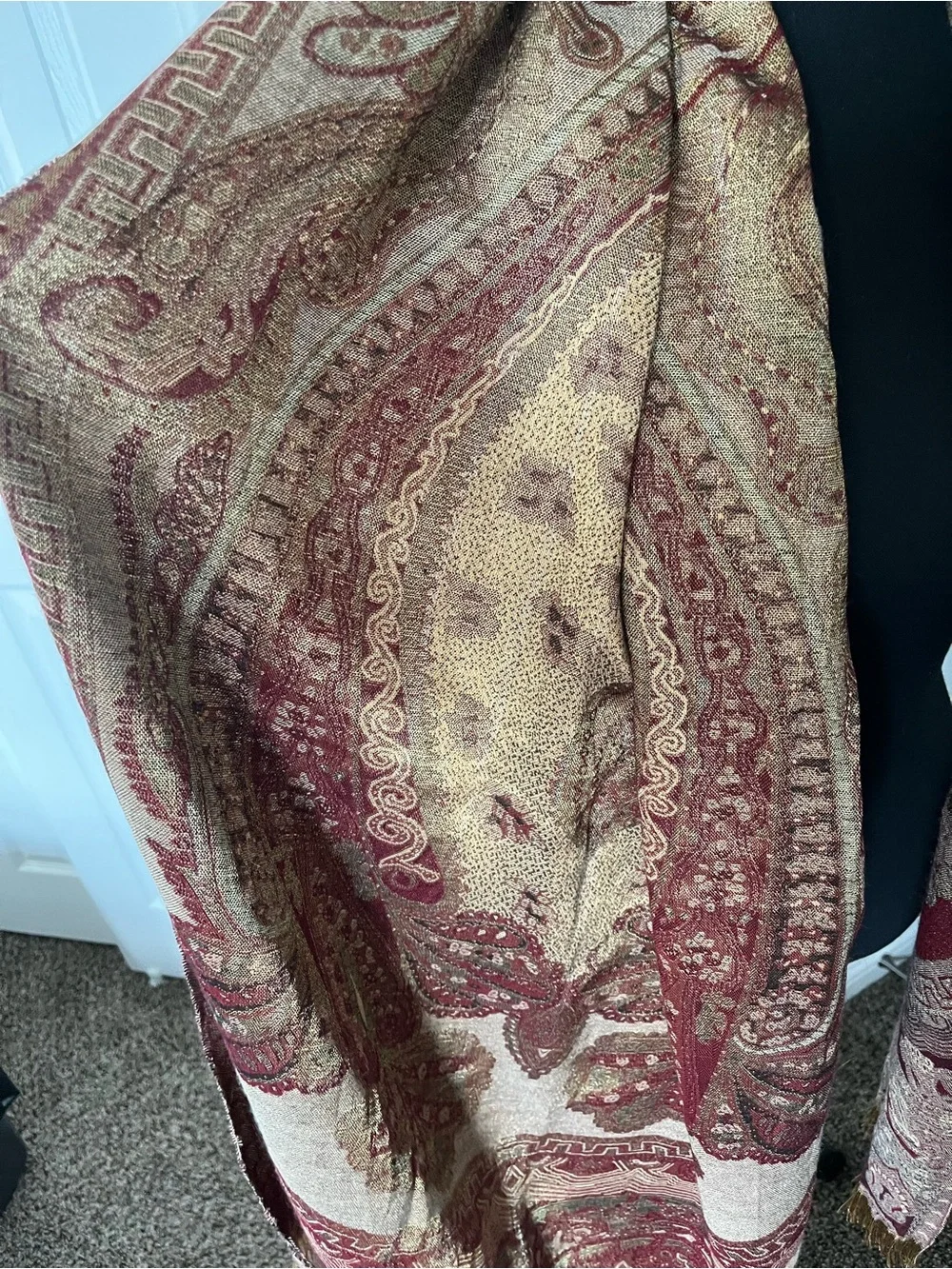 Vintage Paisley Fringe Scarf Shawl Wrap – Burgundy, Gold & Tan